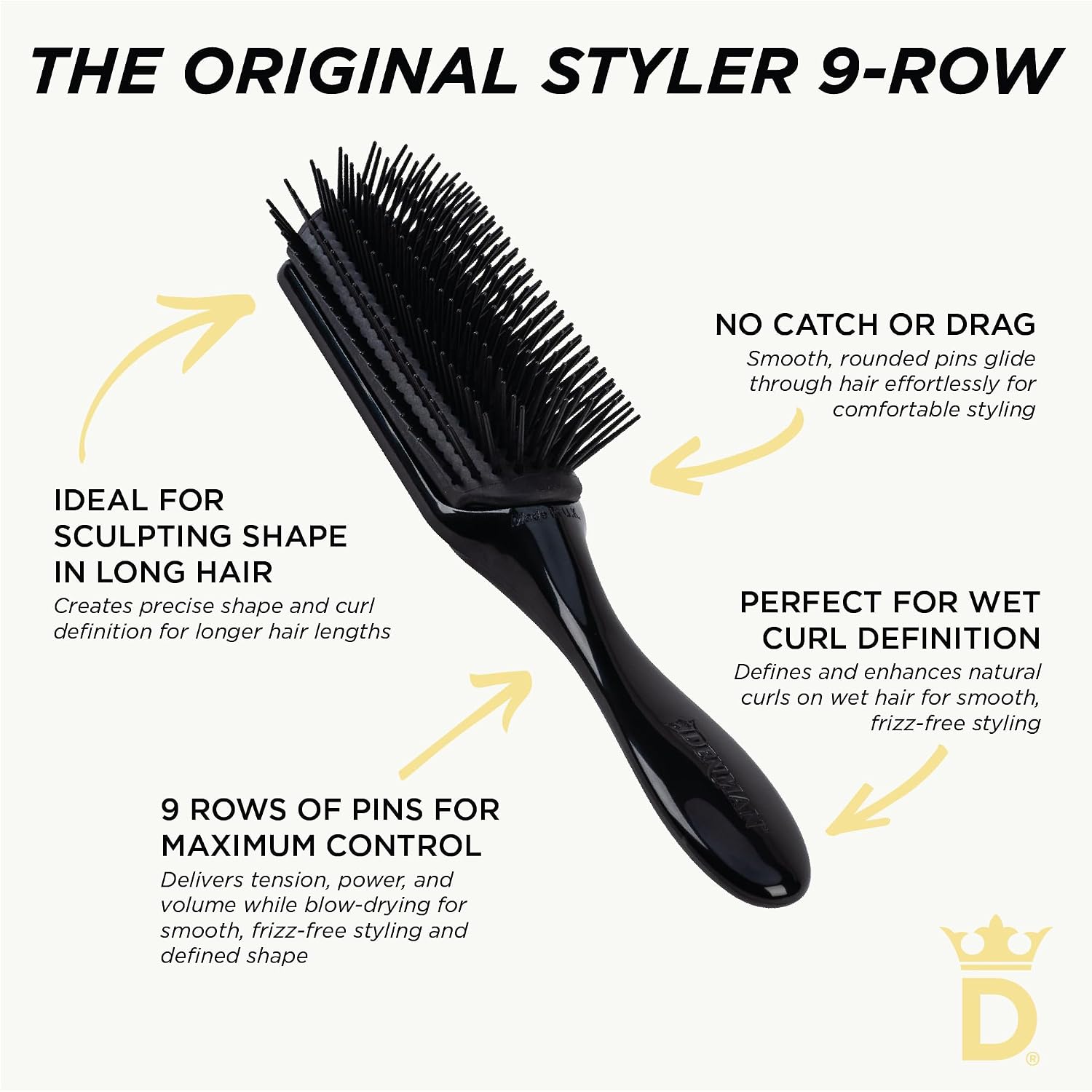 Denman Curly Hair Brush D4 (All Black) 9 Row Styling Brush for Styling, Smoothing Longer Hair and Defining Curls - For Women and Men