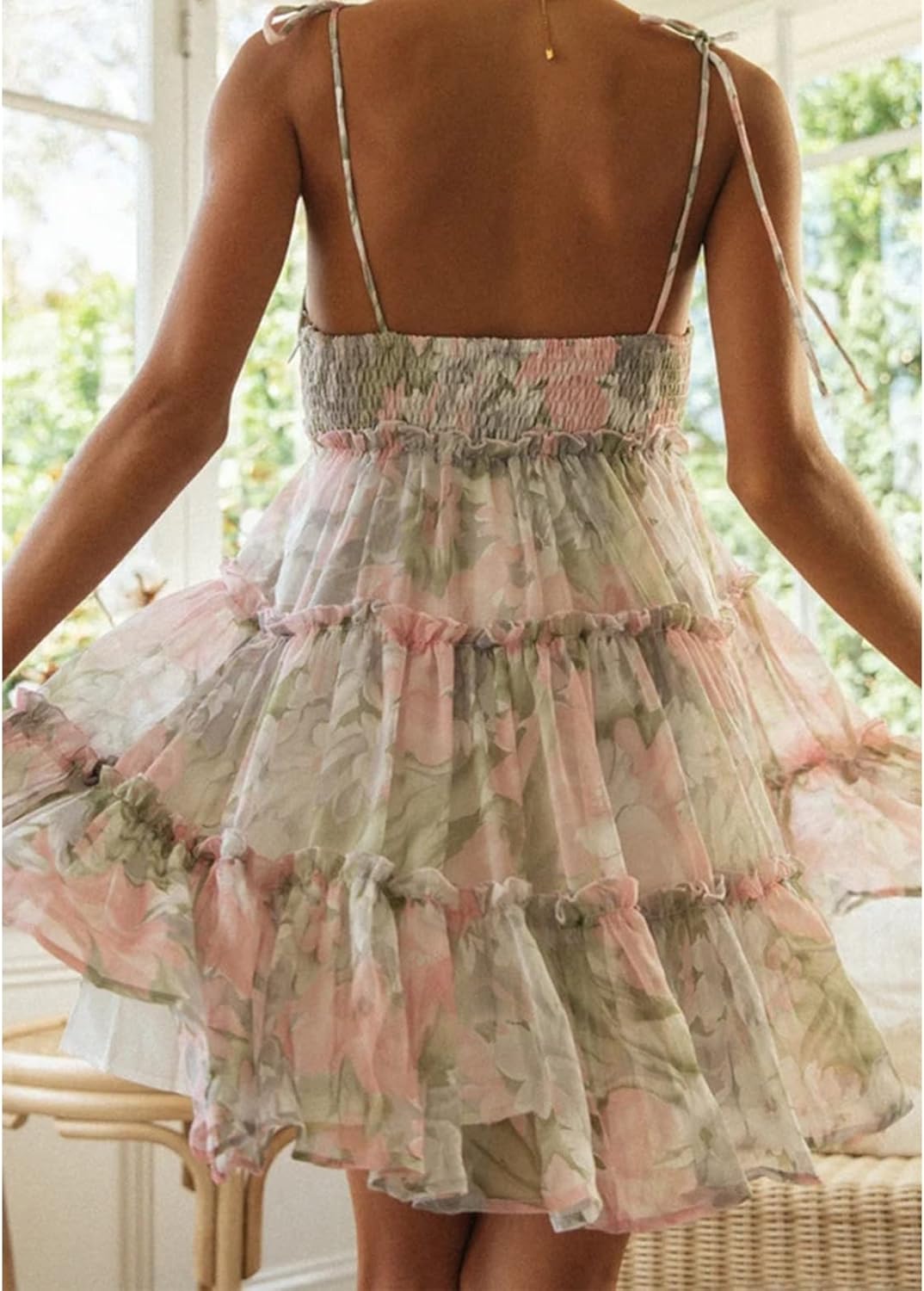 Mansy Womens 2025 Summer Floral Mini Dress Boho Flowy Skater Dresses Short Sleeveless Ruffle Spaghetti Strap Dress - Image 5