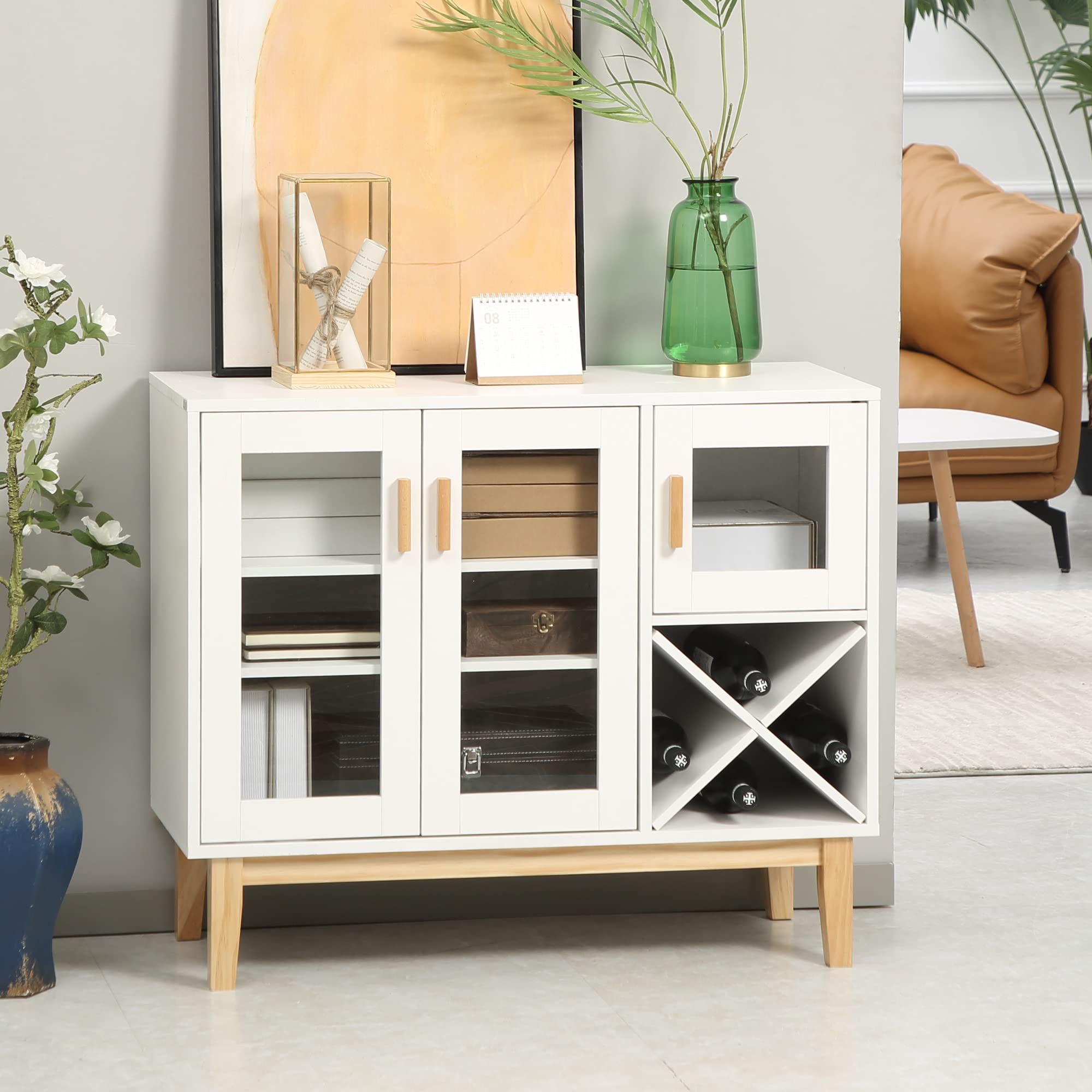 HOMCOM Aparador de Cocina con Botellero Mueble Buffet Auxiliar con 3 Puertas de Vidrio y Botellero en Forma X para 4 Botellas para Comedor Estilo Moderno Antivuelco 90x37x75 cm Blanco