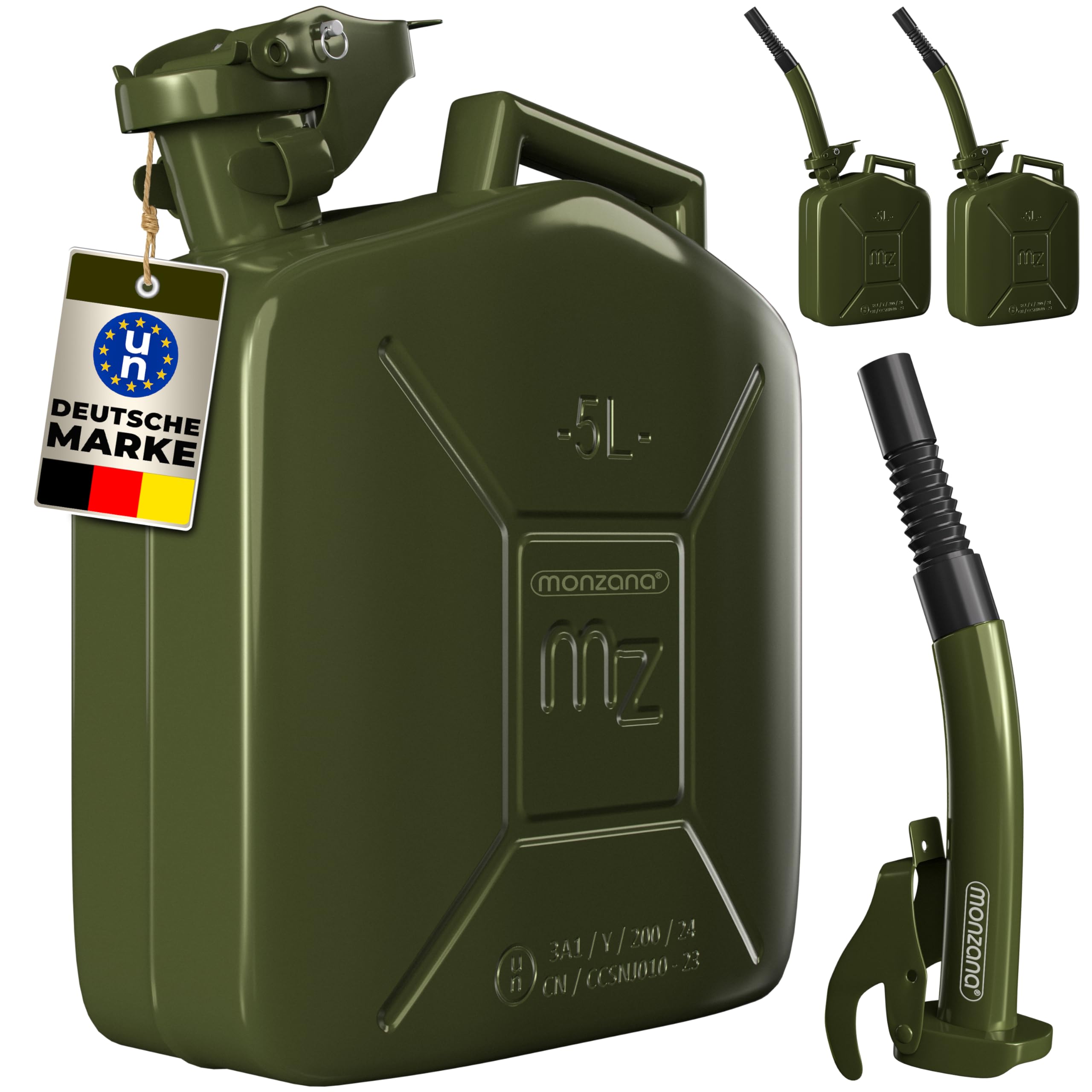 MONZANA® 3 x 5 Litre Canister Steel Safety Strap UN-Approved Petrol Canister Metal Diesel Canister Container Steel Fuel Canister Olive
