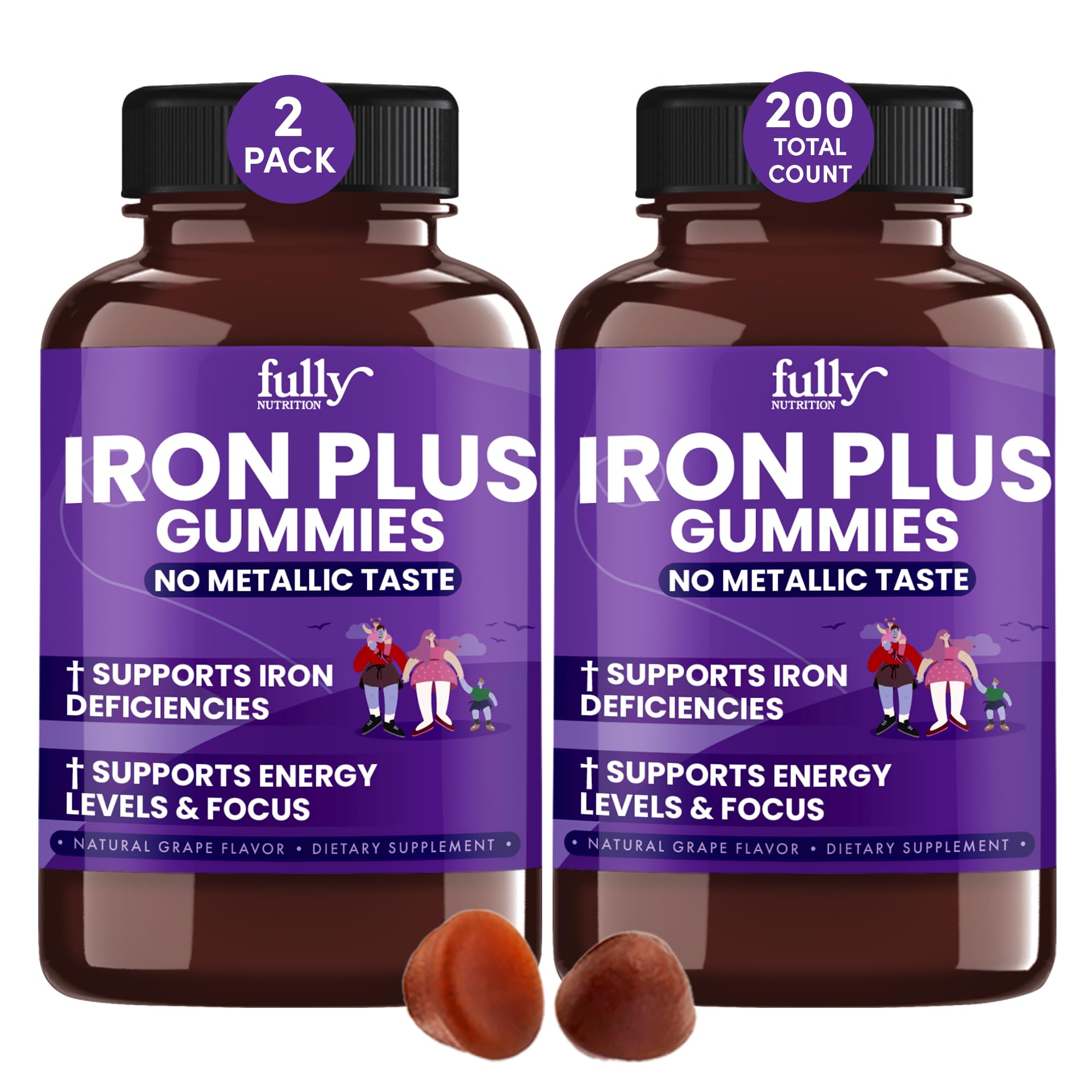 Iron Gummies Supplements for Adults (Women, Men) and Kids – Grape Flavor- Supports Anemia, Energy and Focus Levels – 200 Count 100 Count (Pack of 2)