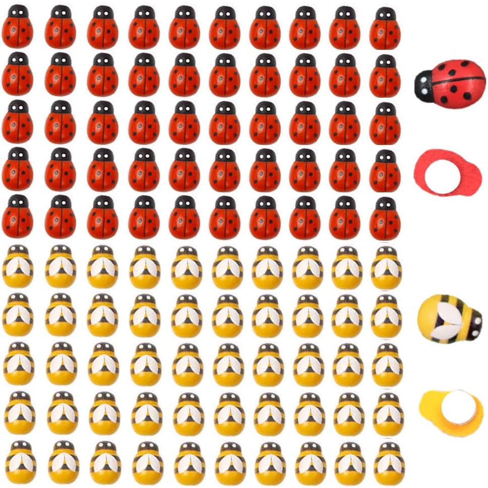 120pcs Wood Bees and Wood Ladybugs Flatback Bees Wooden Ladybugs Self-Adhesive Embellishments for Craft Scrapbooking Baby Shower Birthday Party Decoration