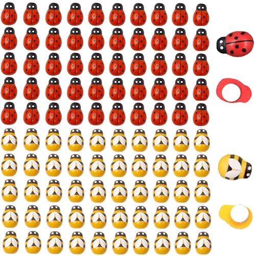 120 piezas de abejas de madera y mariquitas de madera, mariquitas de madera, adornos autoadhesivos para manualidades, álbumes de recortes, baby