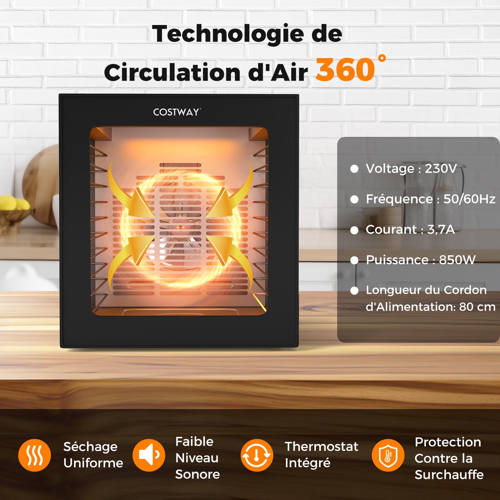 COSTWAY Déshydrateur Alimentaire, Séchoir à 10 Plateaux en Acier Inox avec 10 Programmes Préréglés, Minuterie 48H et Température 30-75℃, Accessoires Inclus, pour Fruits, Viandes, Légumes, Champignons