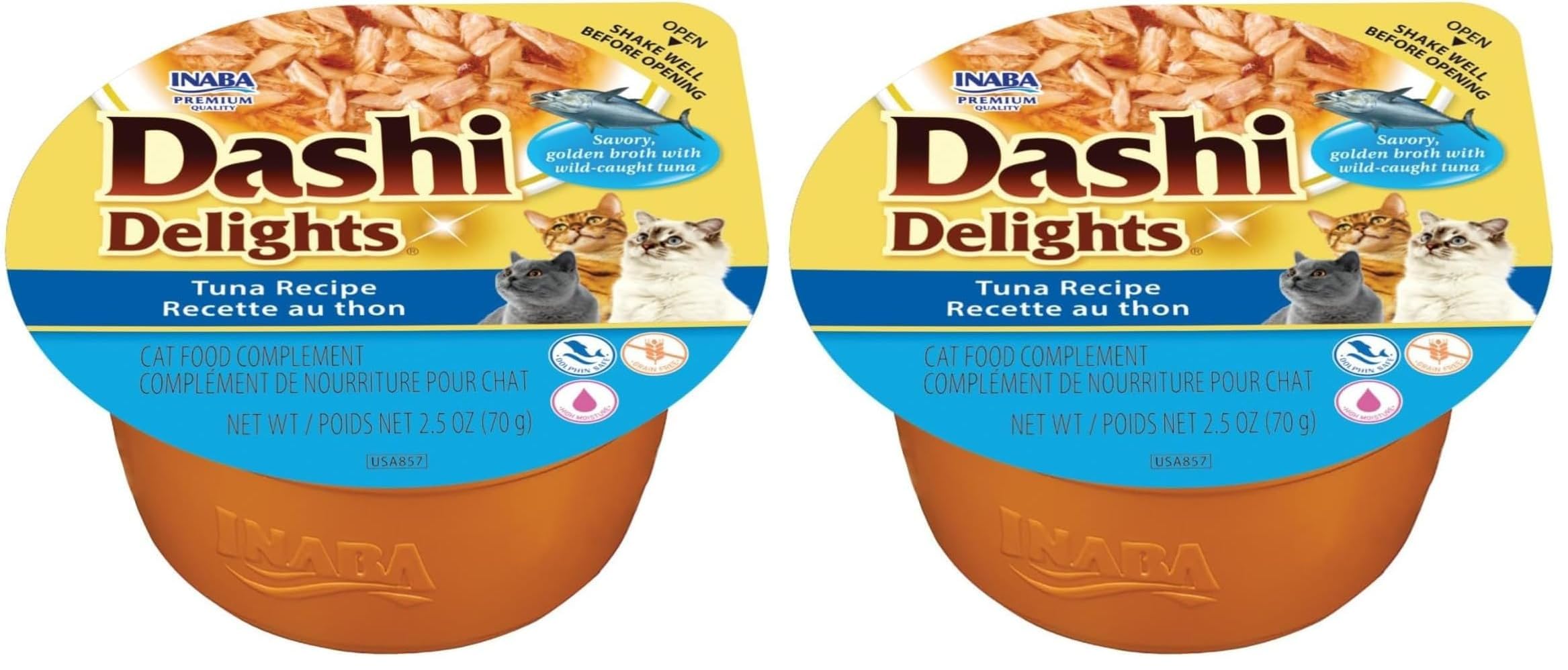 INABA Dashi Delights Katzen Nassfutter mit Hochwertigen Zutaten und Echtem Thunfischfleisch, Getreidefrei, Zuckerfrei, Keine Nebenerzeugnisse, Premium Katzen Leckerlies in Dashi Brühe 70 g (2er Pack)