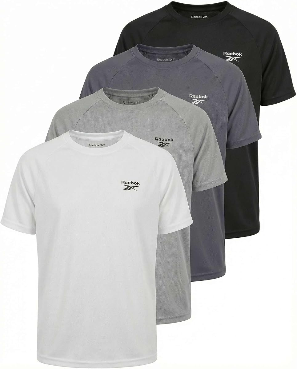 Reebok Pack de 4 camisetas deportivas de malla para niño, camisetas de manga corta para correr para niño | Disponible en tallas 6-18, Camisas, Camisetas interiores, Juventud, Escuela, Absorbe la humedad, Color sólido, Fútbol, ​​Ropa deportiva, Baloncesto