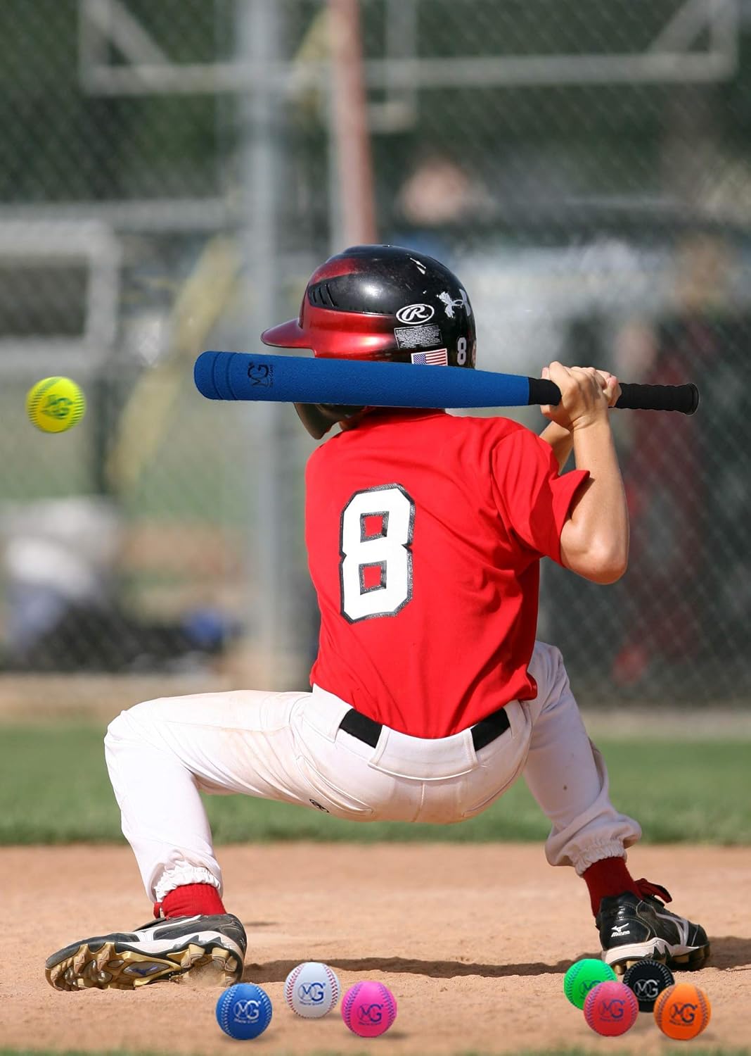 Macro Giant 27 Inch T Ball, Tee Ball, T-Ball Set, 1 Blue Bat, 8 PU Foam Baseballs, Multi Colors, Training, Youth Batting Trainer Beginner, School Playground