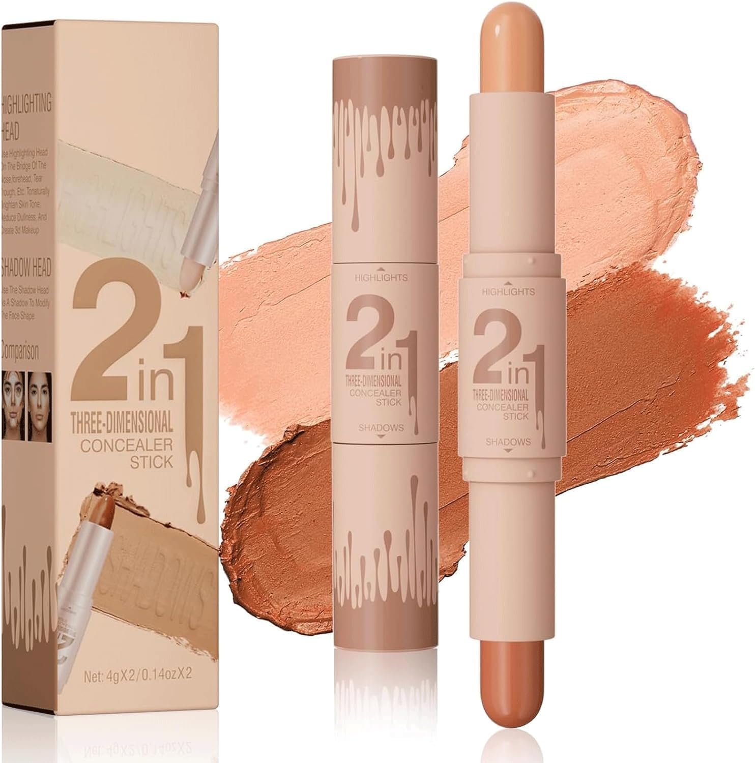 Cream Contour & Highlighter Stick, Dual-ended Contour Stick with Contouring Shade and Highlighter, Lightweight Concealer Blend Smooth Bronzer Stick for Women Face Makeup (Ivory & Dark Coffee)
