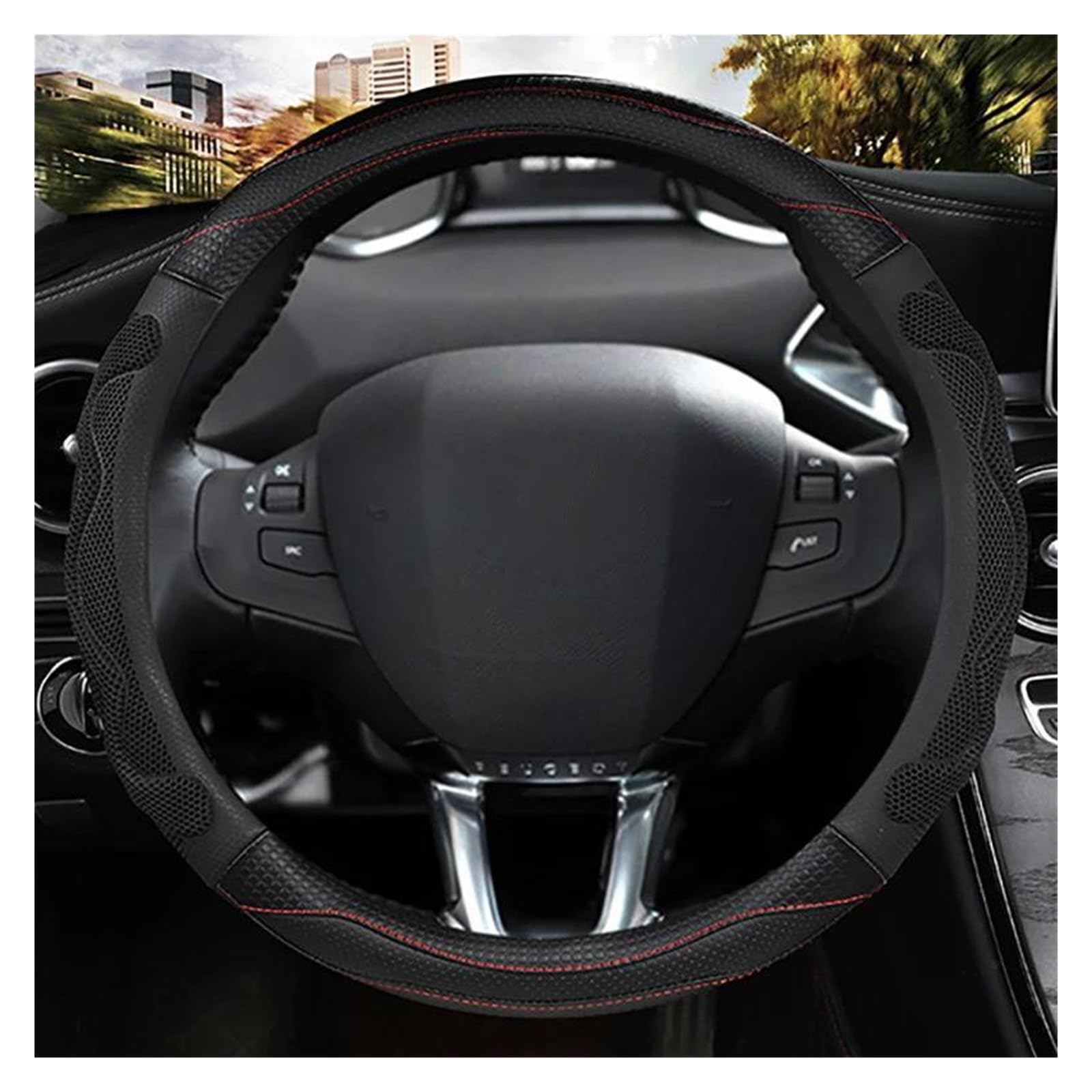 Pokrowiec na kierownicę do samochodu z mikrofibry i skóry, do Peugeot 208 2012-2018, Peugeot 308 2014-2021, Peugeot 2008 2013-2018, czerwony
