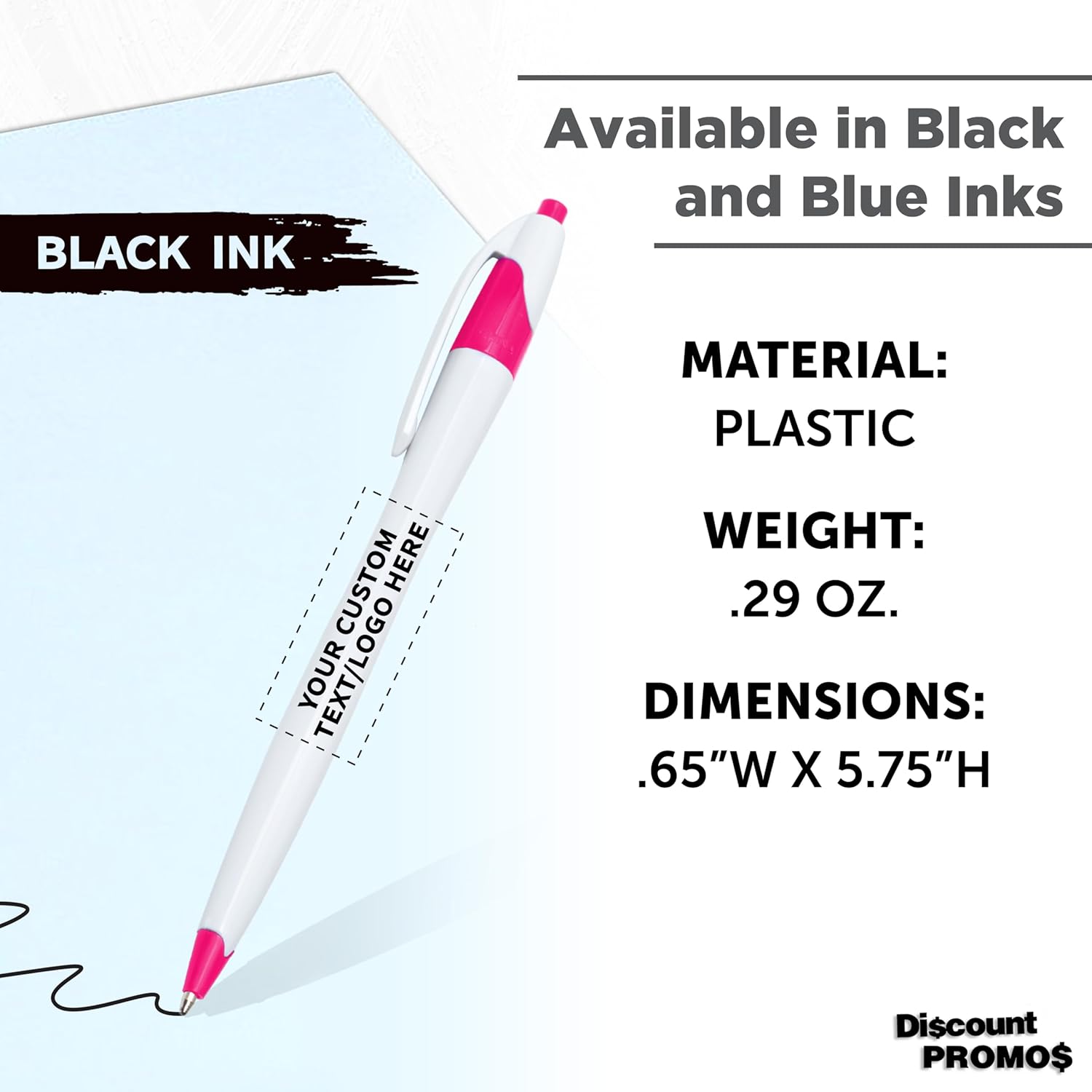 Personalized Ballpoint Pens Set of 10/50/100 by DISCOUNT PROMOS- Black Ink, Slim & Curvy Design, Retractable, Ideal for Office, Corporate Merchandise, Tradeshows- Pink