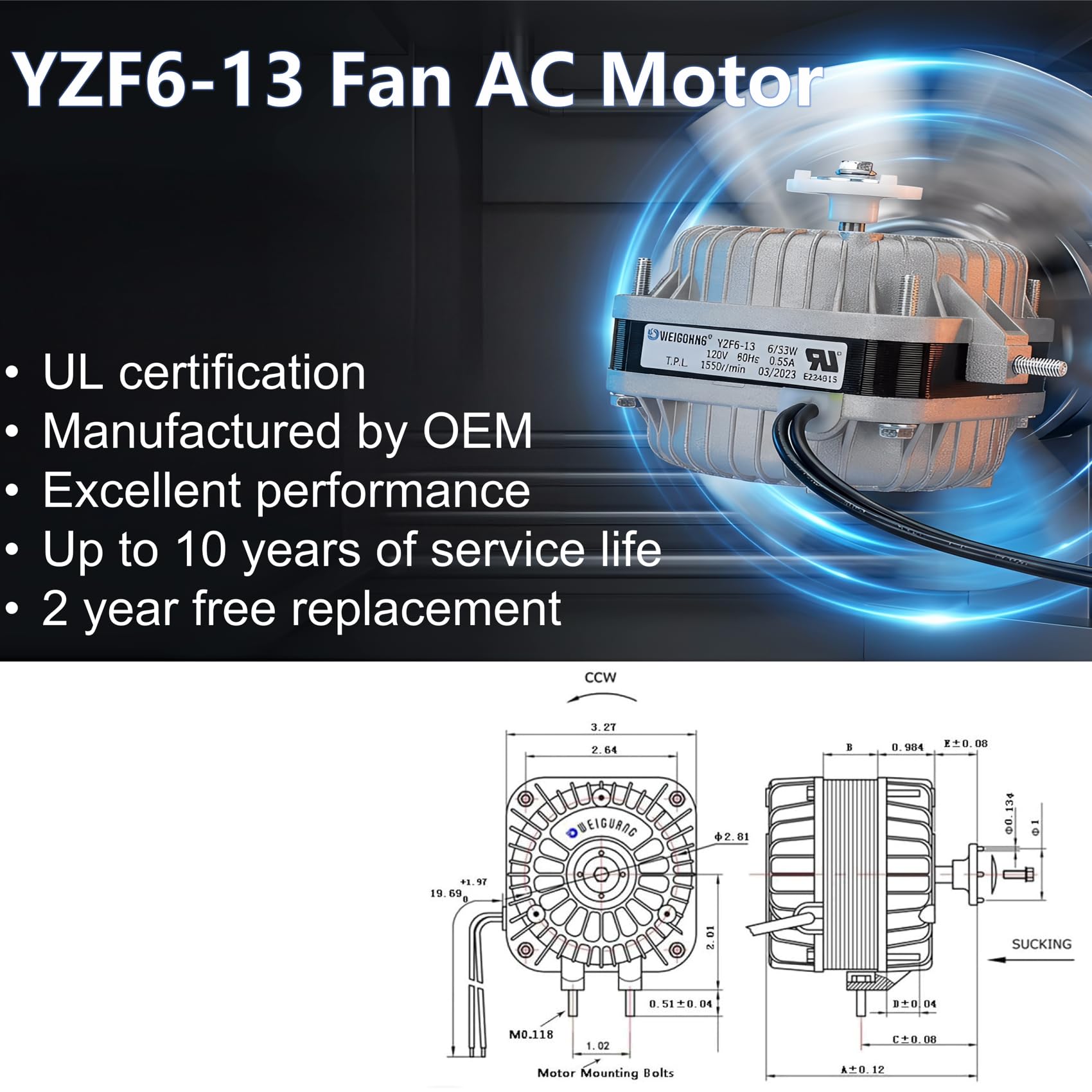 YZF6-13 Ventilator-Wechselstrommotor, 120 V, 6/33 W, 0,55 A, 60 Hz, 1550r abgeschatteter Pol-Kondensatormotor