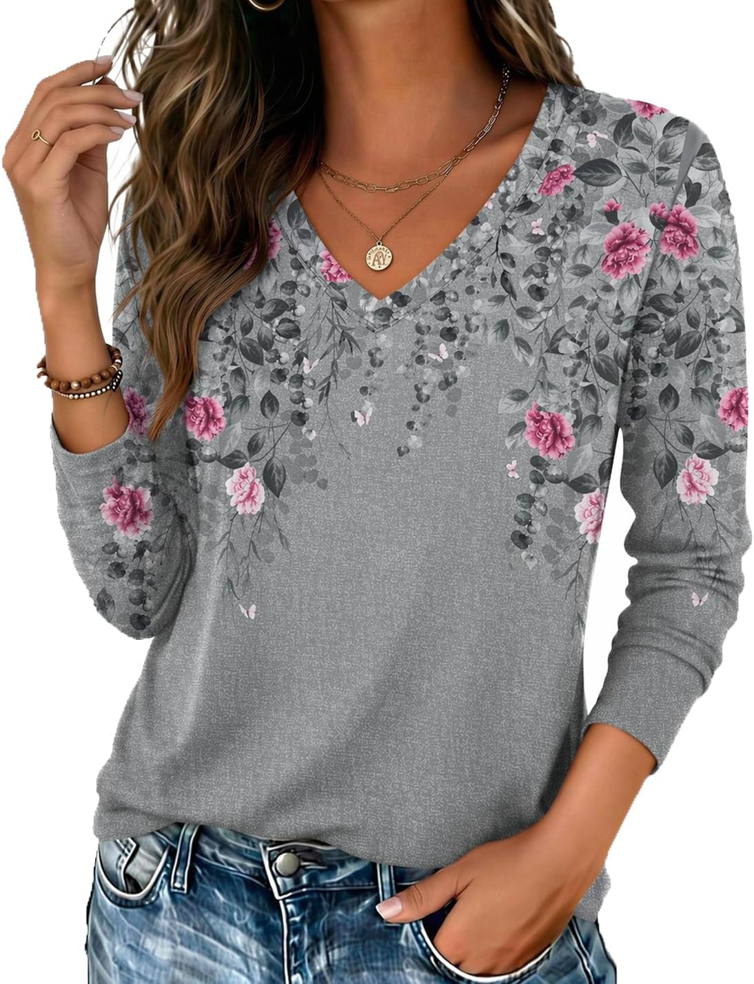 Zeagoo Womens Long Sleeve Shirts V Neck Basic Tee Tops Dressy Casual Business Work Blouses Fall Outfits S-3XL