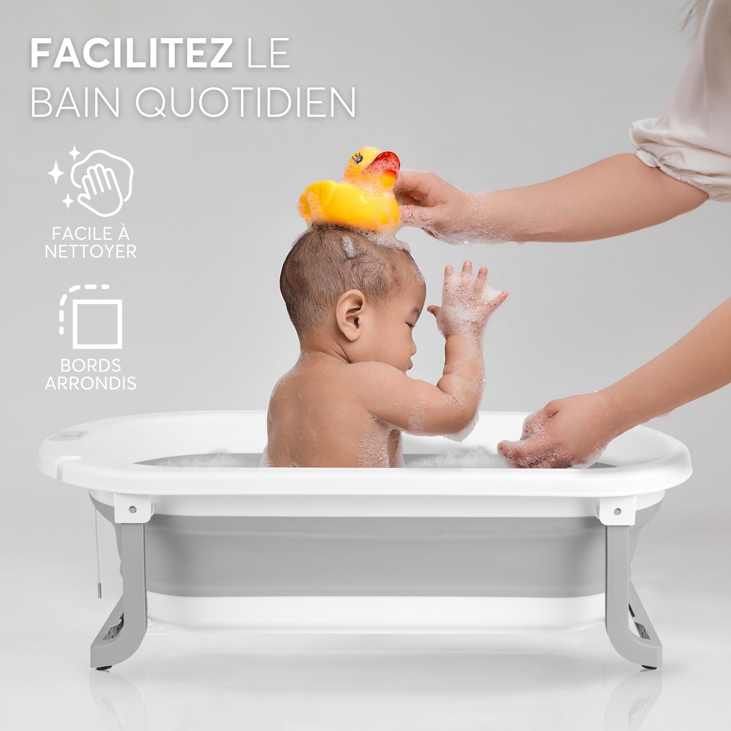 KikkaBoo Baignoire Bébé WILLY Pliable avec Thermomètre Intégré, Coussin Doux, Antidérapant, Matériau Non Toxique, Gris