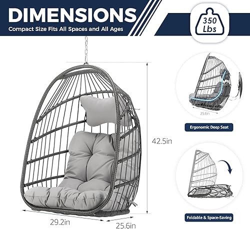Miniatura 5 de Nicesoul Silla colgante para huevos al aire libre sin soporte, cesta de huevos para interiores con cojín, silla hamaca en forma de huevo de 350
