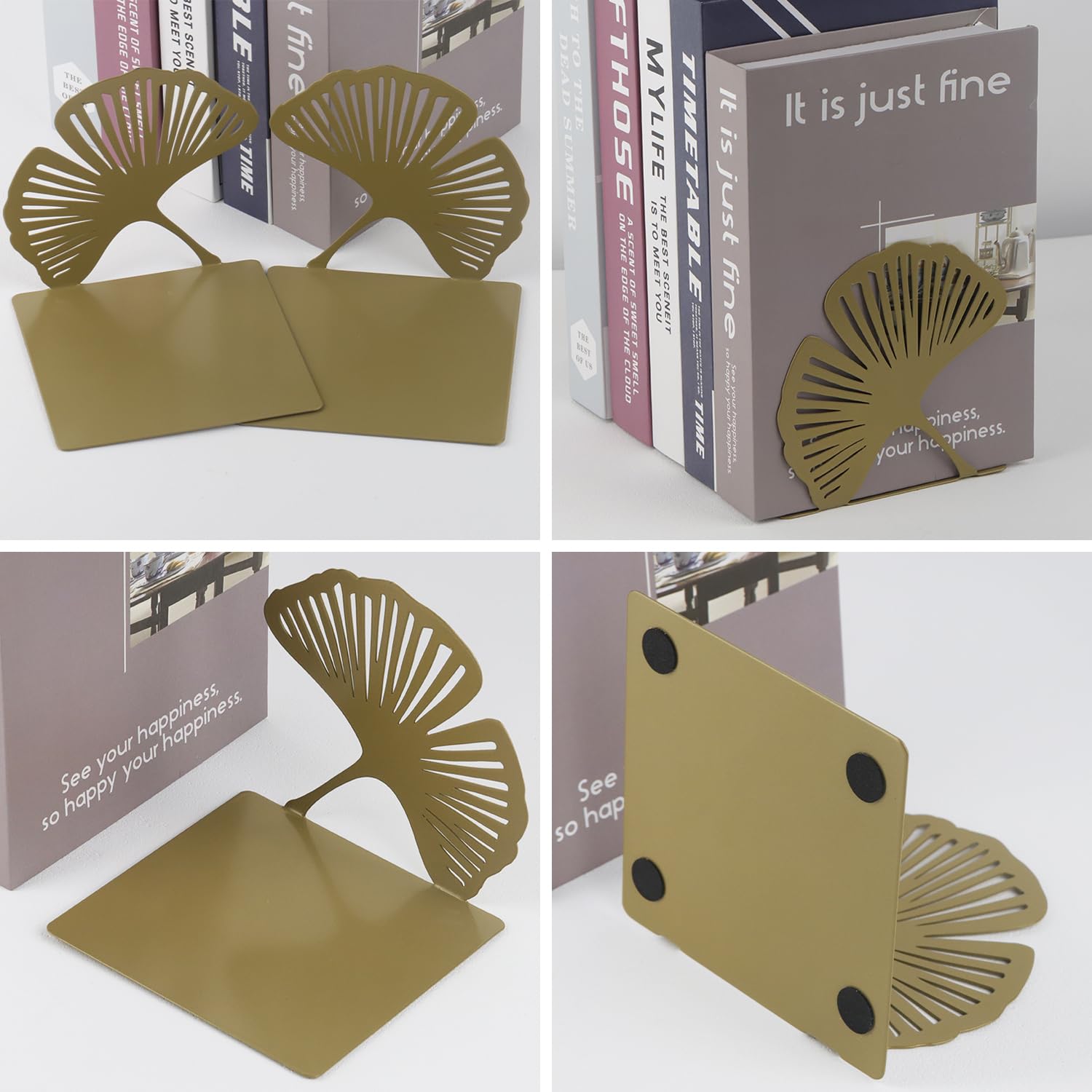 Demarsen 2 Pcs Bookends in Metal,Ginkgo Leaves Organizer Book Stopper,Anti Scratch and Non-Skid Decorative Bookends for Decor Home Office Library School Desk Gift - Image 3