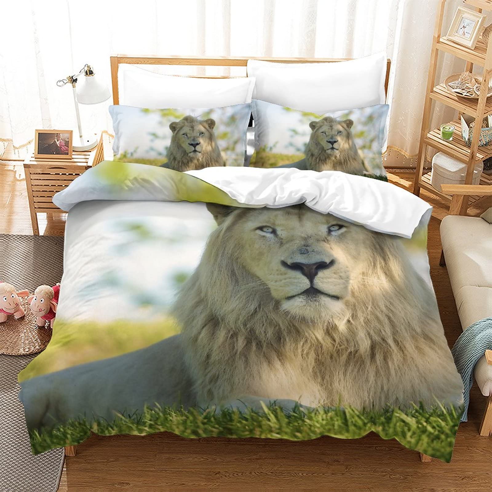 Parure de lit Lion avec housse de couette double 200x200 cm et deux taies d'oreiller imprimées 3D