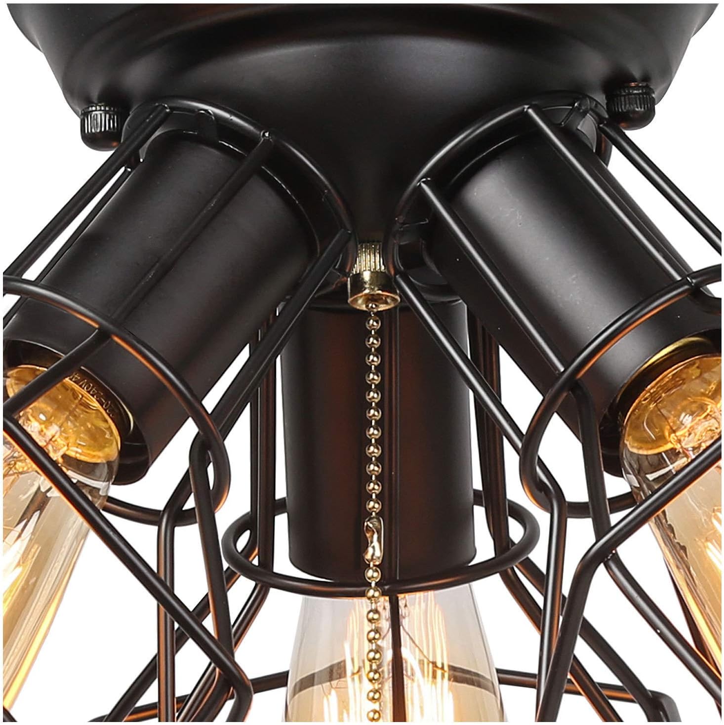 LALUZ Farmhouse Semi Flush Mount Ceiling Light Fixture, 3-Light Oil Black Pull String Industrial Cage Ceiling Light Fixture for Bedroom, Hallway, Kitchen, Dining & Living Room, Foyer and Bathroom