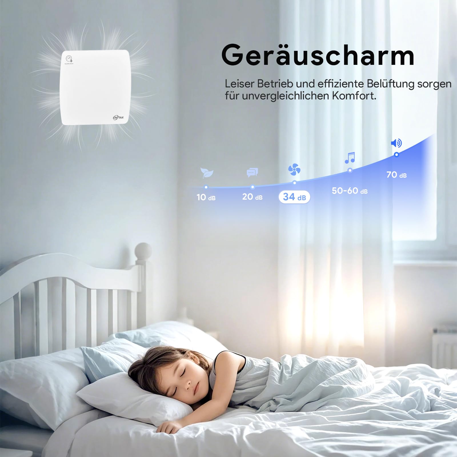 Badlüfter mit 100 mm Durchmesser, zur Wandmontage, Badezimmerventilator, IPX4 wasserdicht, leise (34 dB), inkl. Schrauben und Dübel, schneeweiß (mit Feuchtigkeitserkennung)
