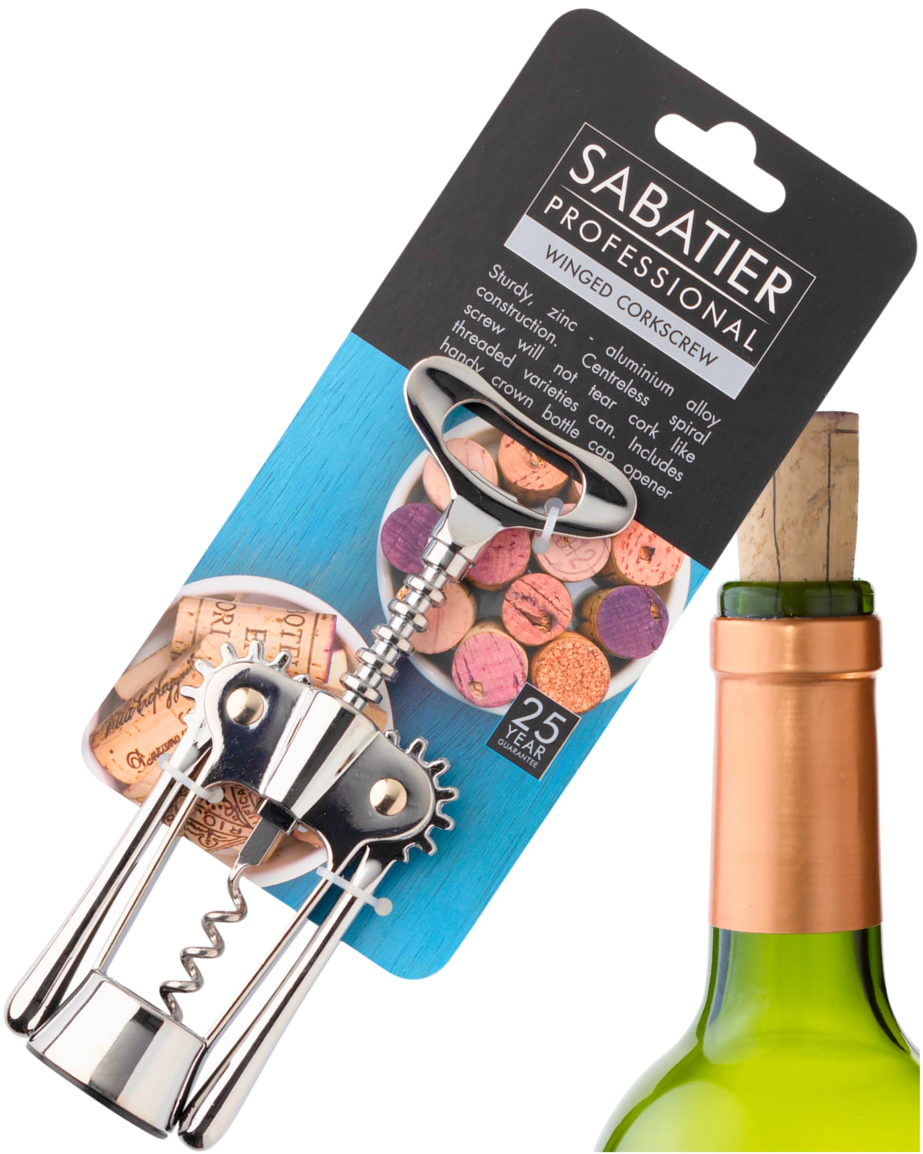 Sabatier Spiral Corkscrew Wine Bottle Opener - Easy to Use, Guaranteed to Cleanly Remove Cork Without Tearing, Dishwasher Safe, Essential Kitchen Gadget for Wine Lovers, Chrome