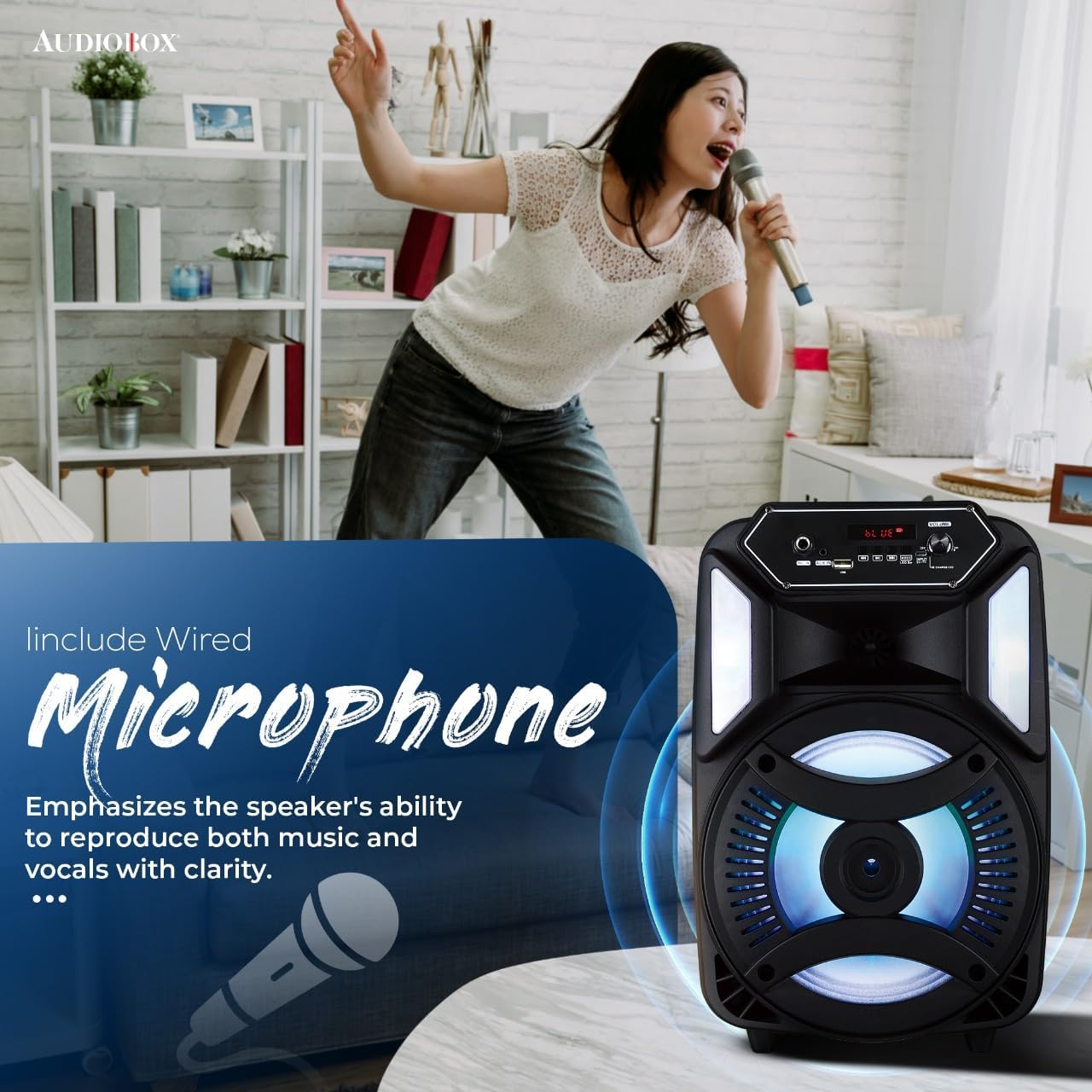 AUDIOBOX Portable Karaoke Speaker with Wireless Remote, 8” Woofer, Sound Activated Light Show, Bluetooth, USB-C, and Wired Microphone for Parties and Events