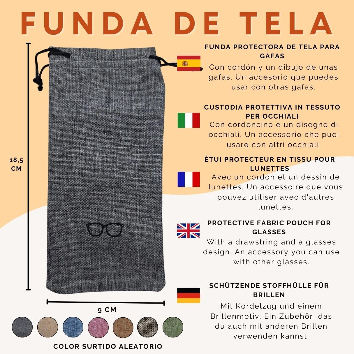 Étui à lunettes à fixer à la ceinture, avec fermeture à bouton, fabriqué à la main en Espagne, avec sac en tissu, 2 chiffons de nettoyage et bouteille pour le nettoyage des lunettes.
