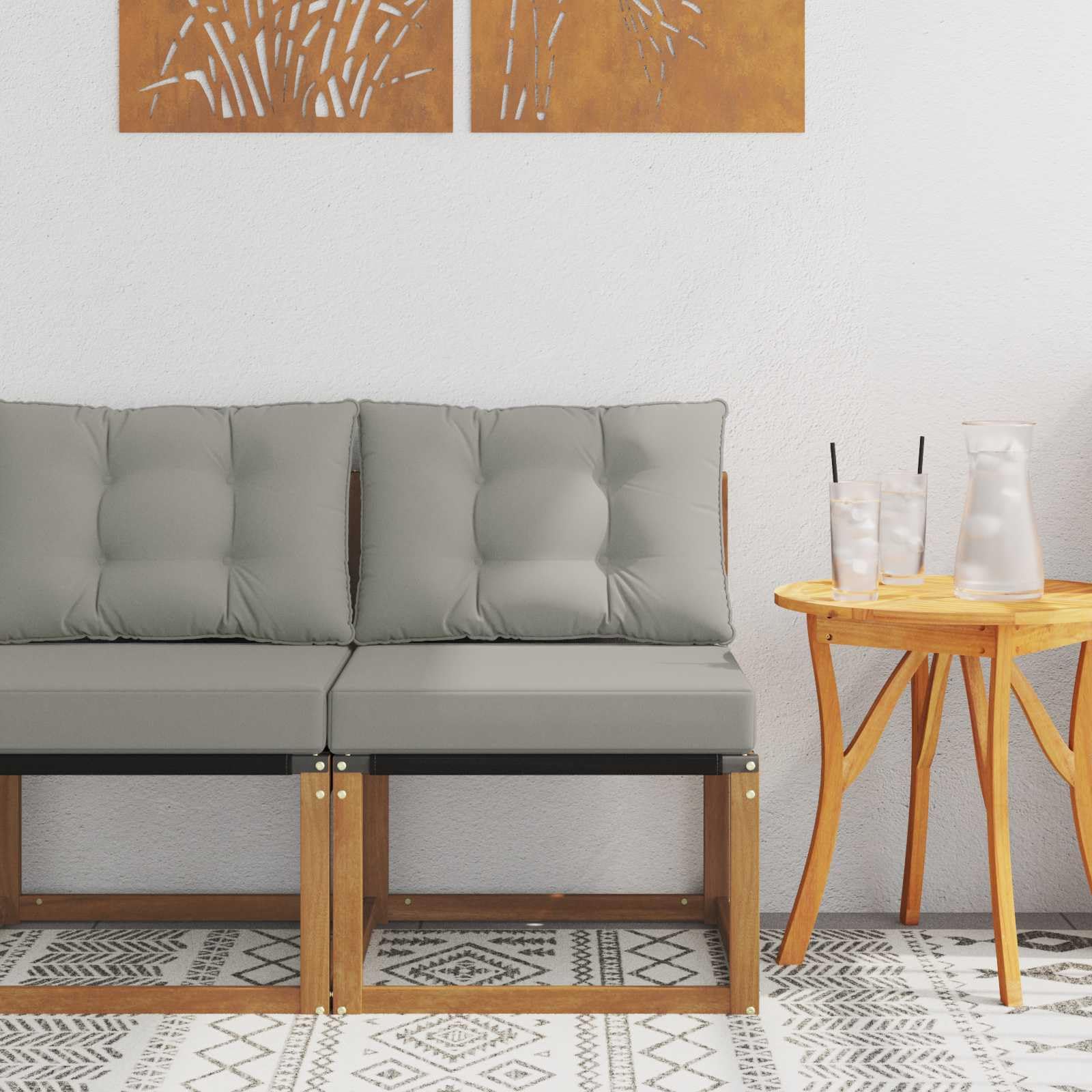 Divano centrale per esterni, in legno massello di acacia e textilene, set di mobili da giardino per terrazza e balcone