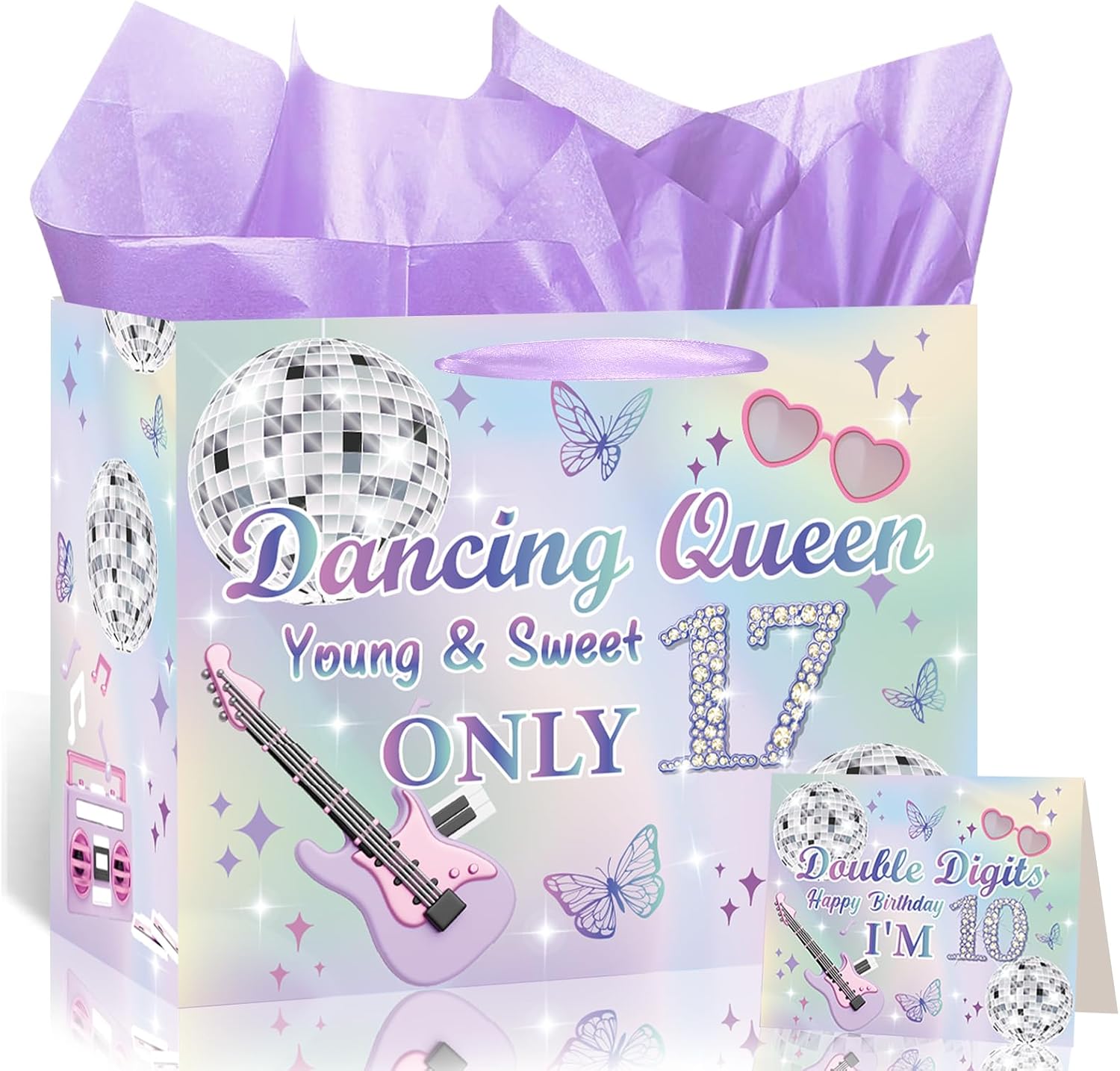 TagreSpike Large 17th Birthday Gift Bag for Girls, Iridescent Dancing Queen Young and Sweet Only 17 Gift Bag with 17th Birthday Wrapping Paper and Card Purple Disco Theme Happy 17th Bday Party Decor