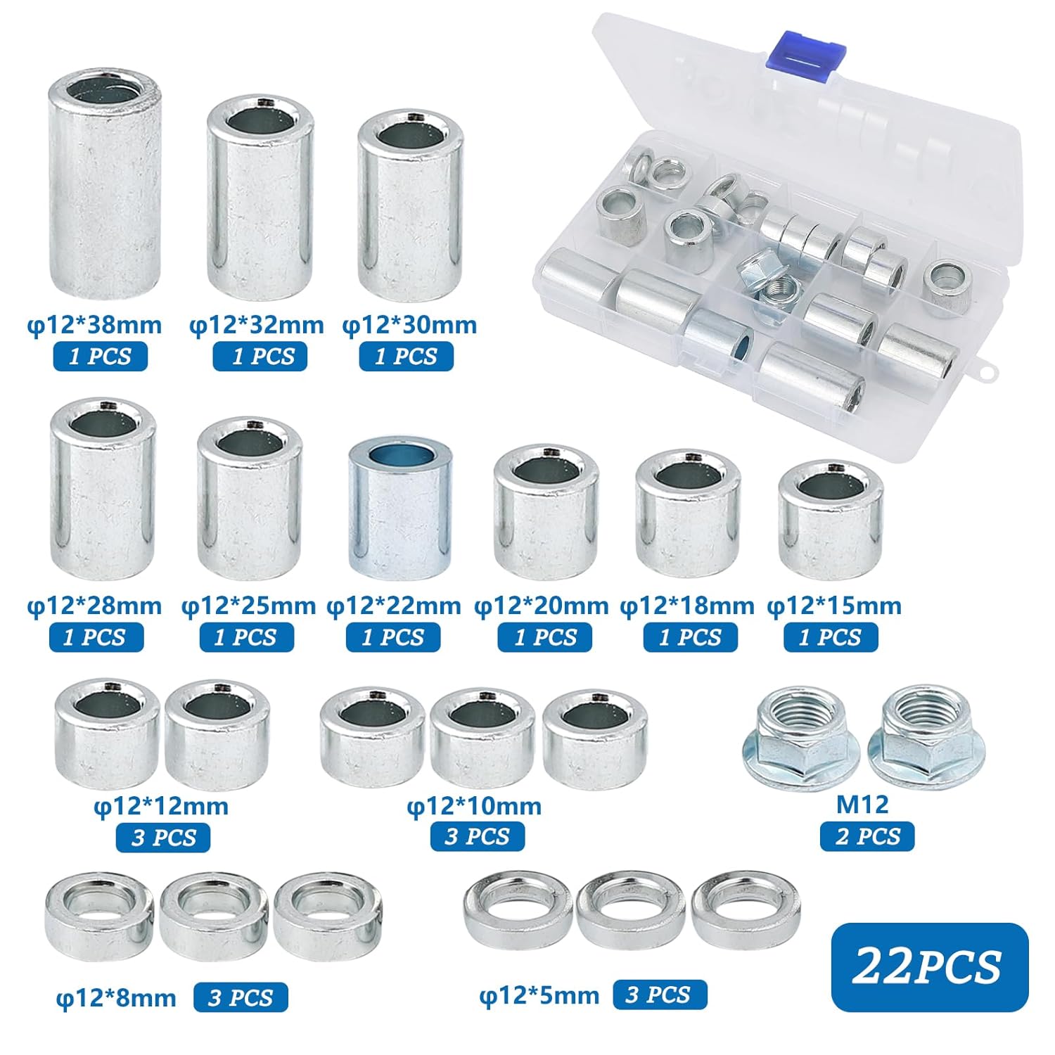 22Pcs M12 Industrial Steel Spacer Sleeve Bushings Fit for 12mm Classic axle