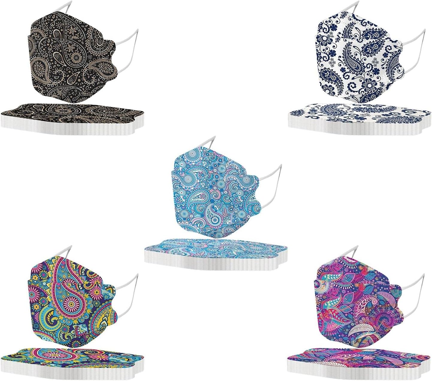 Felicy 50PCS Multicolor KF94 Disposable Face Mask with Design,Full Face Protection for Women Men 4Ply Fish Type Floral Printed (H),21 x 6cm / 8.3 x 2.4inch