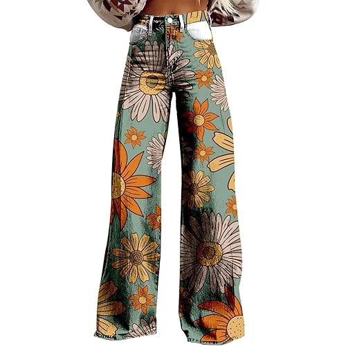 Jeans for Women 2024 Flare Jeans Wide Leg Pants Comfy Floral Print High Waisted Straight Stretch Pants with Pockets