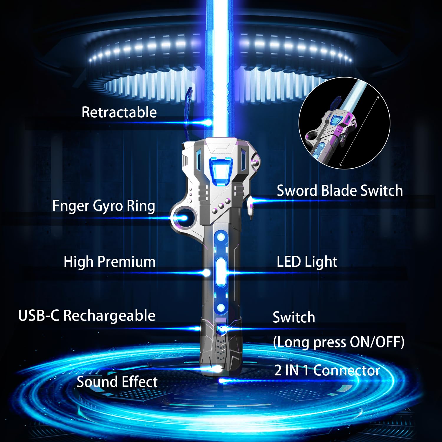 Lightsaber, 16 Color Changing Retractable Light Saber with FX Sound & USB C Charging Cable, 3Modes Rechargeable Light Swords for Kids Dress Up Party Xmas Gifts