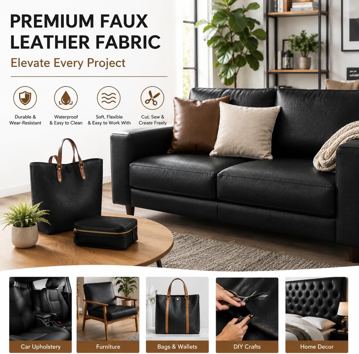 Vinyl Fabric, Marine Faux Leather Upholstery, for Upholstery Crafts, DIY Sewings, Sofa, Handbag, Earrings, Hair Bows Decorations (Black 54 x 72 inch 2YD)