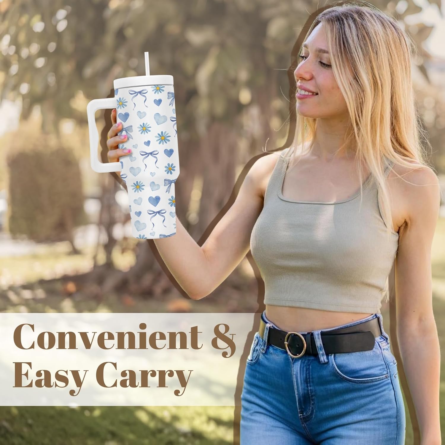 Bow Tumbler With Handle 40 Oz, Blue Bow Insulated Tumbler For Women, Christmas Gifts For Women Girls Mom Wife Friends, Blue And White Christmas Insulated Cup - Image 6