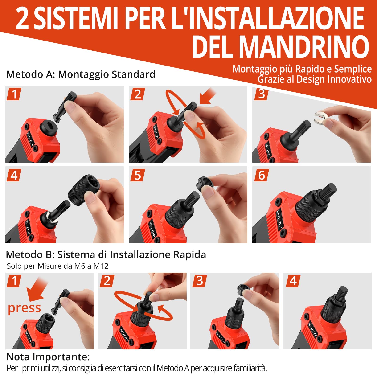 GETLITOOL Set 16-Inch Rivettatrice Professionale per Impieghi Gravosi con 7 Mandrini e 120 Dadi M3 M4 M5 M6 M8 M10 M12, Pistola Manuale a Dadi Rivetti con Valigetta per Garage Officine