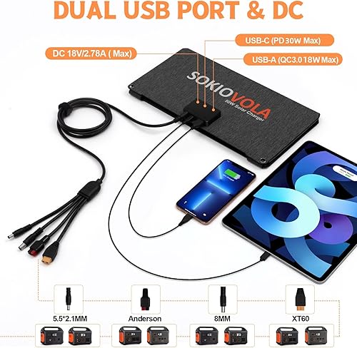 Miniatura 3 de Actualizado Paneles solares plegables de 50 W Cargador de panel solar portátil 3 puertos de salida (USB-A USB-C DC) Panel solar plegable para