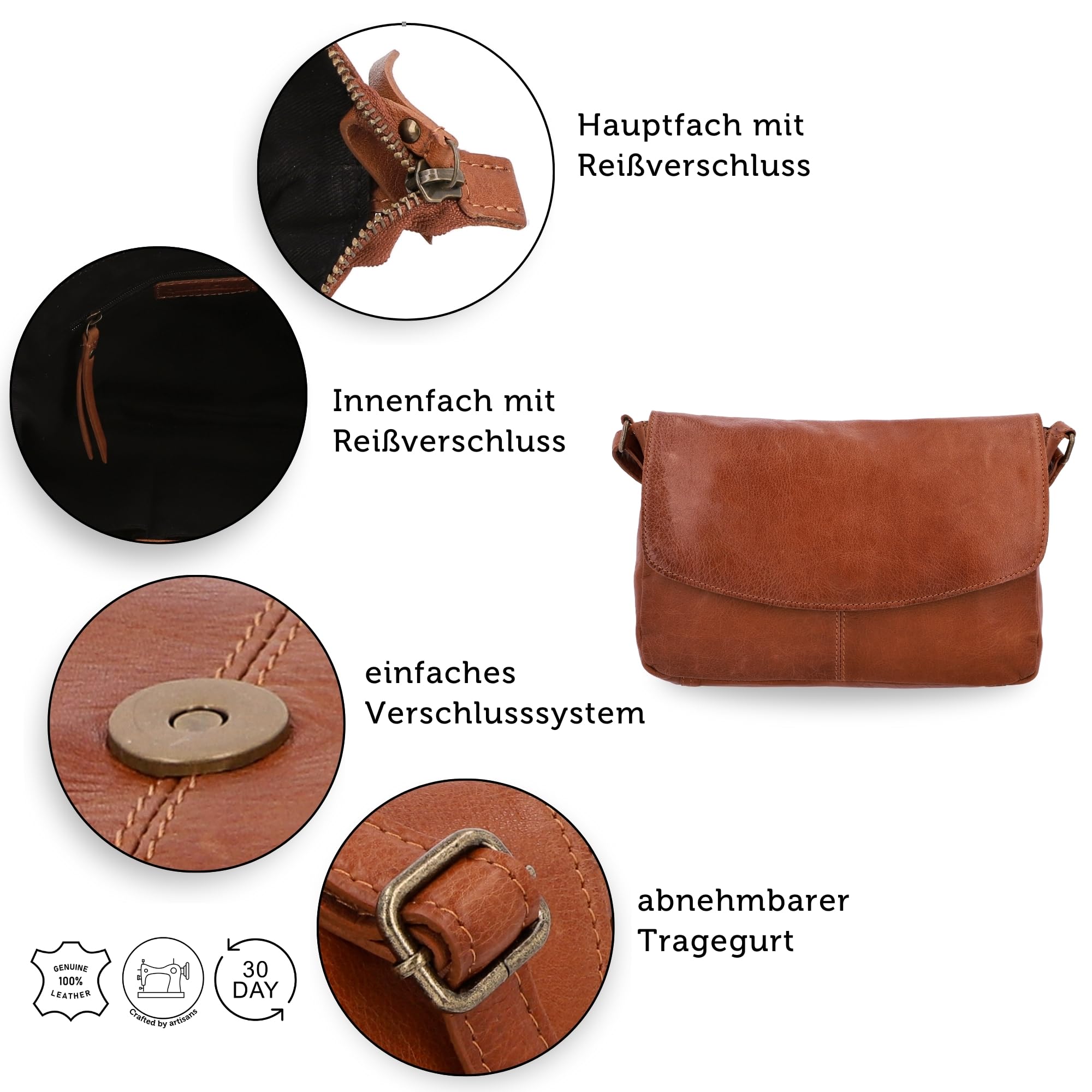 Gusti Leder Umhängetasche Damen - Maisie – Kleine Ledertasche Damen aus Echtleder - Vintage Umhängetasche Leder mit Reißverschluss & Gurt