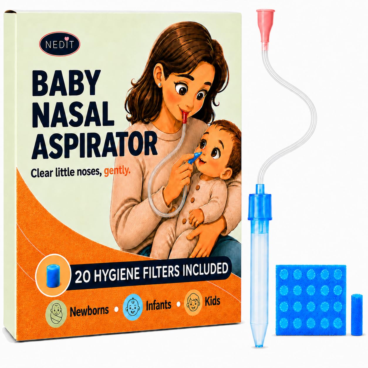 Snot Sucker - Nasal Aspirator Baby with 20 Hygiene Filters – Safe & Easy-to-Clean Baby Nose Suction Cleaner for Newborns, Infants and Kids – Mucus Remover
