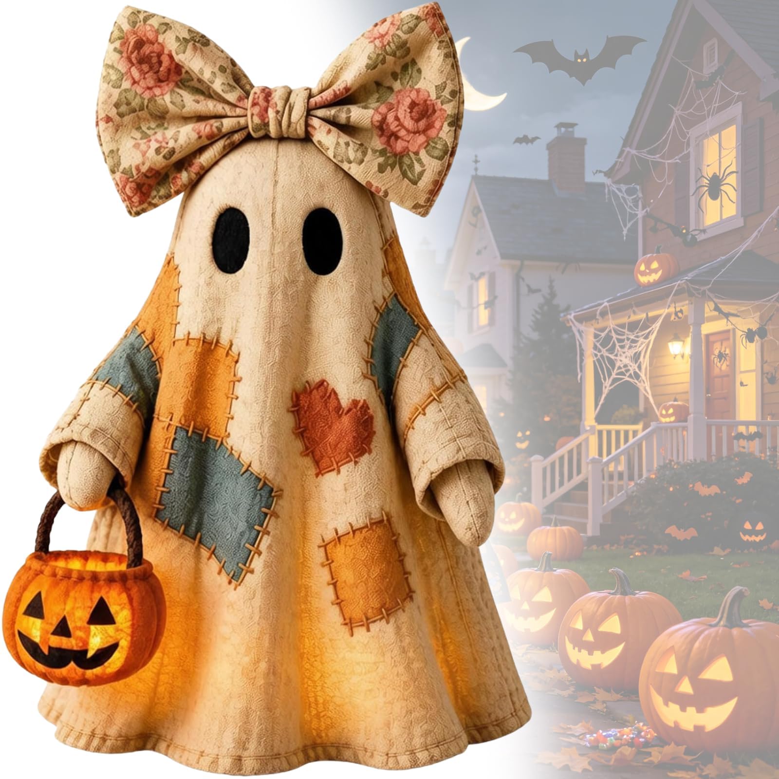 Lighted Vintage Patchwork Ghost Halloween Decor, Light Up Ghost with Pumpkin Lantern, LED Ghost Vintage Halloween Patchwork Ghosts Lamp, Rustic Farmhouse Spooky Cute Fall Figurine Decor (1)