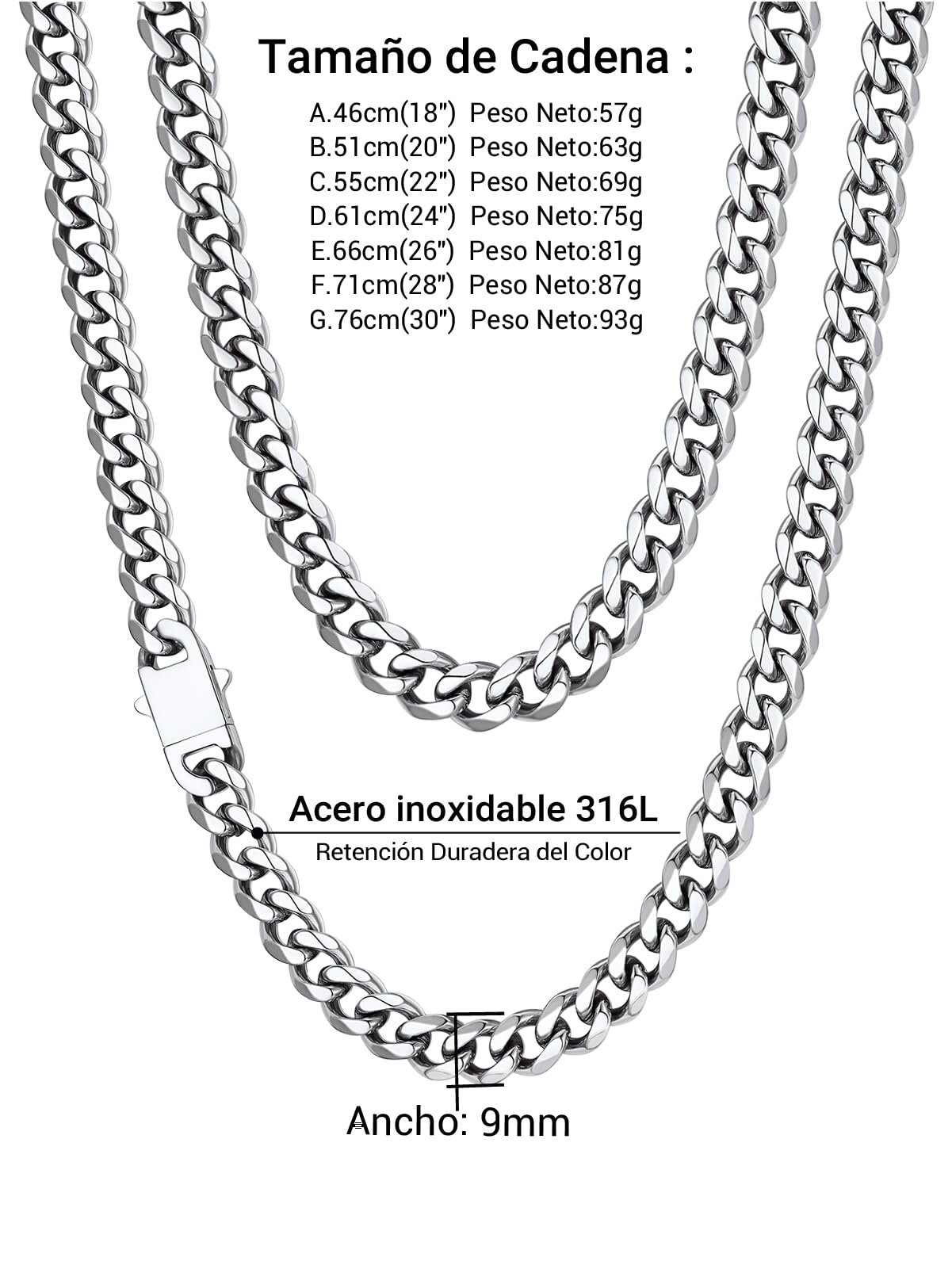 PROSTEEL Cadena Cubana Hombre Collar Cubano Eslabones Acero Inoxidable 6/9/12mm Ancho Cadenas Cubanas Hip Pop Punk Rock 46cm-76cm