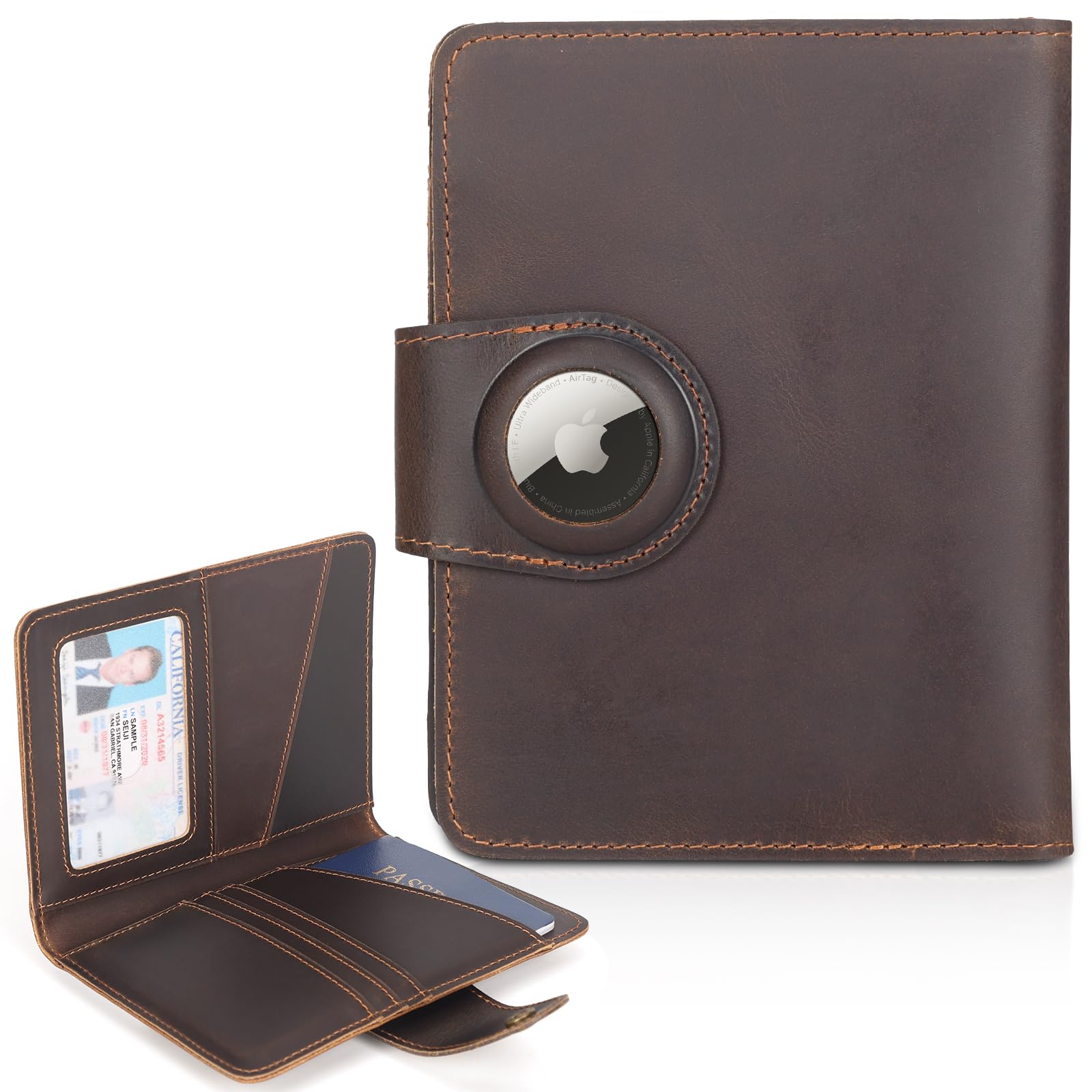 Polare Full Grain Leather Slim and Soft RFID Blocking wallet For Men Snap Bifold Travel Wallet Passport Holders 2 Passports (Dark Brown with AirTag