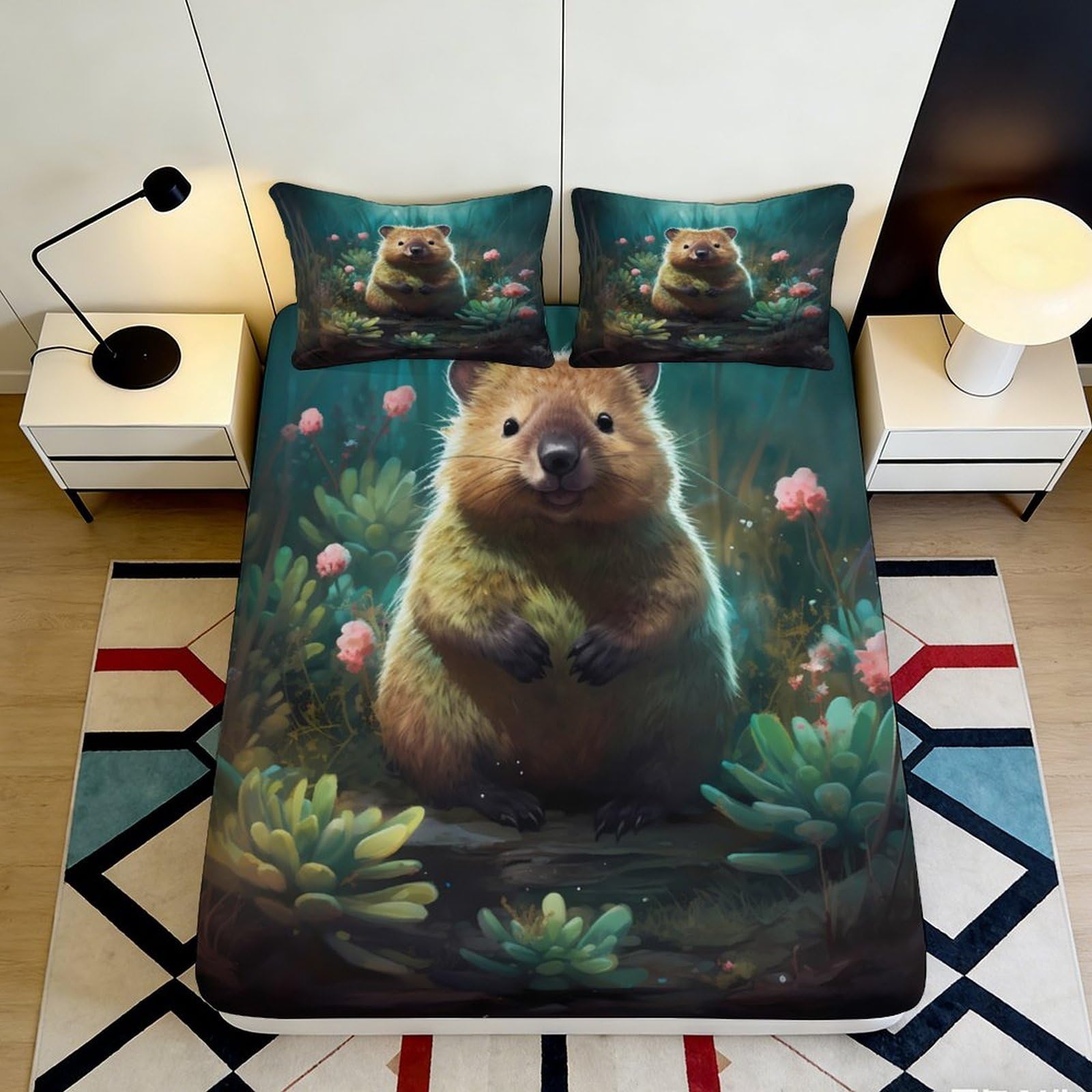 3D Printed Forest Animal Fitted Sheet Microfiber Deep Pocket Forest Animal Mattress Fitted Cover Non-Slip for Bedroom 200x200x25cm 90x200x25cm