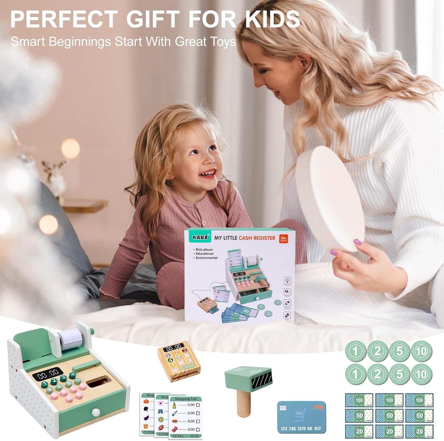 Wooden Toys for 2 3 4 Year Old, Toddler Educational Learning Resources Toys 2-3,Cash Register for Kids Play Money with Scanner.Montessori Toys Role Play Toys for 3-5 Year Old Birthday Gift