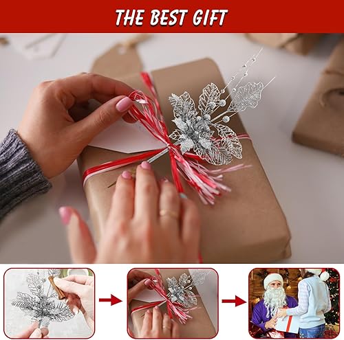 Miniatura 4 de Juego de 6 flores de Pascua artificiales de 17 pulgadas con purpurina, decoraciones para árbol de Navidad, adornos de corona de Año Nuevo, adornos