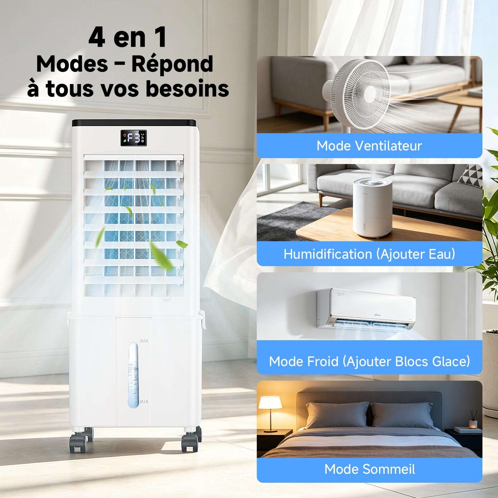 Climatiseur Mobile 10L-Amélioré, Rafraîchisseur d'Air avec Télécommande, Minuterie 1-12h, 3 Vitesses, Oscillation de 60°, Silencieux Climatiseur Portable pour Camping Chambre Cuisine(Blanc voilé)