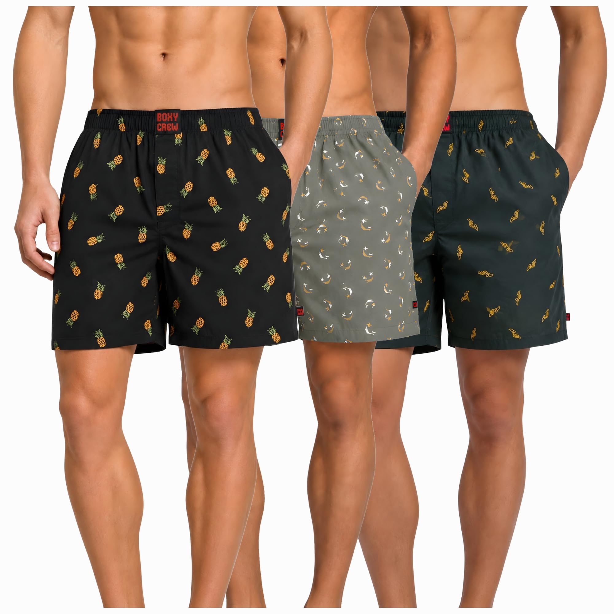 Men's 100% Cotton Boxer Shorts Pack of 3, Charcoal, Green & Dark Teal | Woven Boxers with Side Pockets, No-Marks Elastic Waistband, Breathable Relaxed Fit | Style 004-008-010-image-32