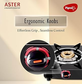 Pigeon Aster Gas Stove 2 Burner with High Powered Brass Burner, Gas Cooktop with Glass Top and Powder Coated Body, black, standard (14266)