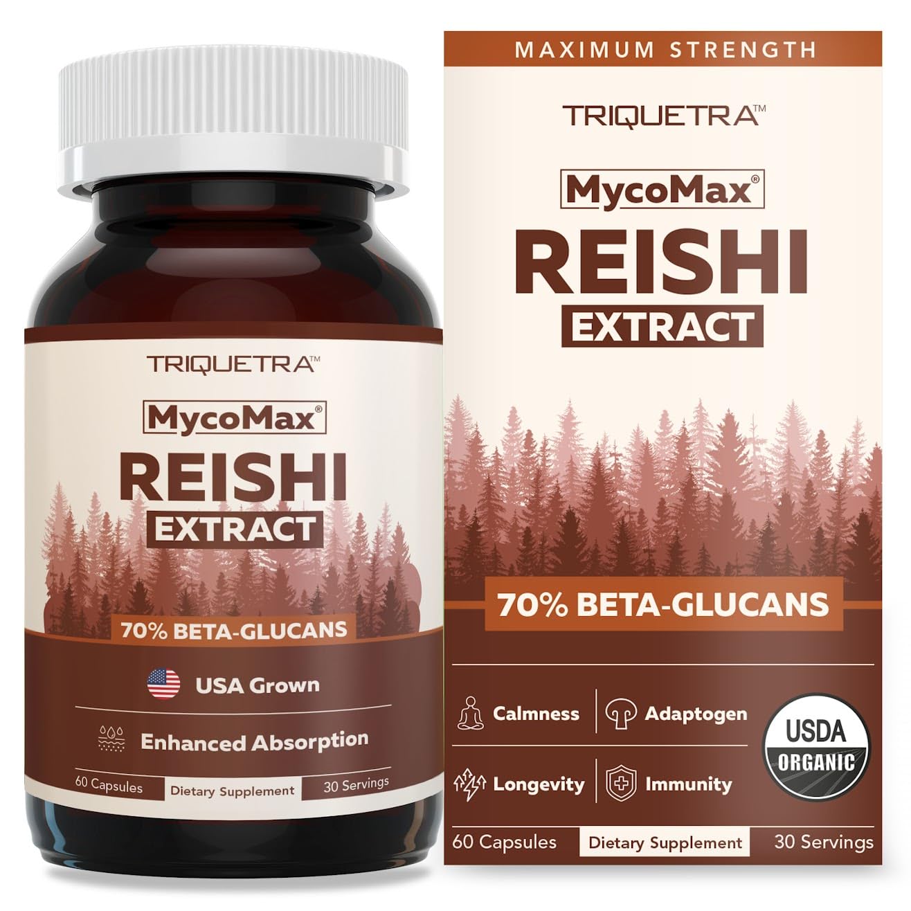 Organic Reishi Mushroom Capsules Extract - 70% Beta Glucans - Highest Active Nutrient Levels, Max Potency, US Grown + Ultrasonic Extraction - Energy, Immunity, Sleep and Stress - 60 CapsulesUSDA Organic