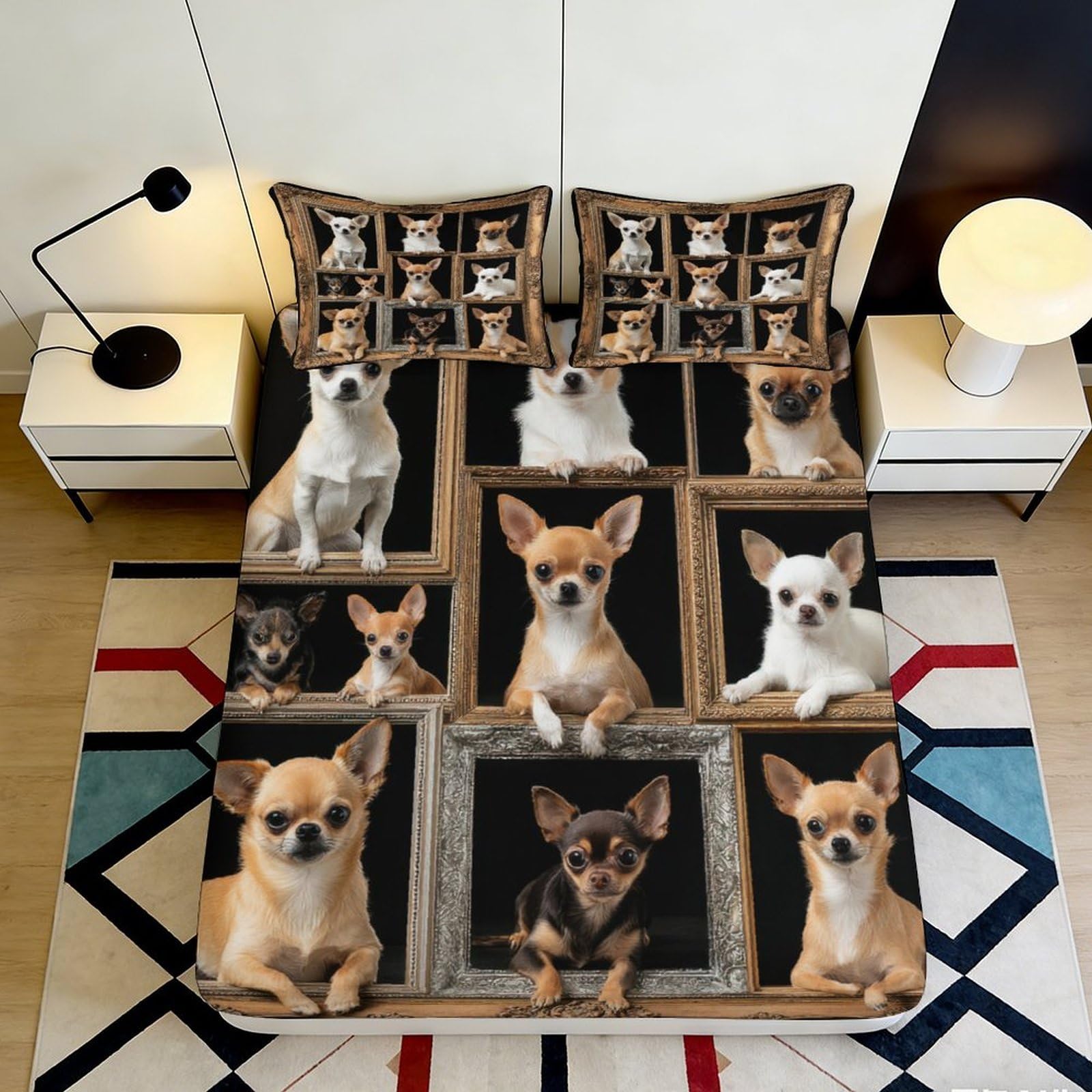3D Printed Chihuahua Dog Fitted Sheet Microfiber Soft Breathable Puppy Pattern Bed Cover for Bedroom Dorm Decor 90x200x25cm
