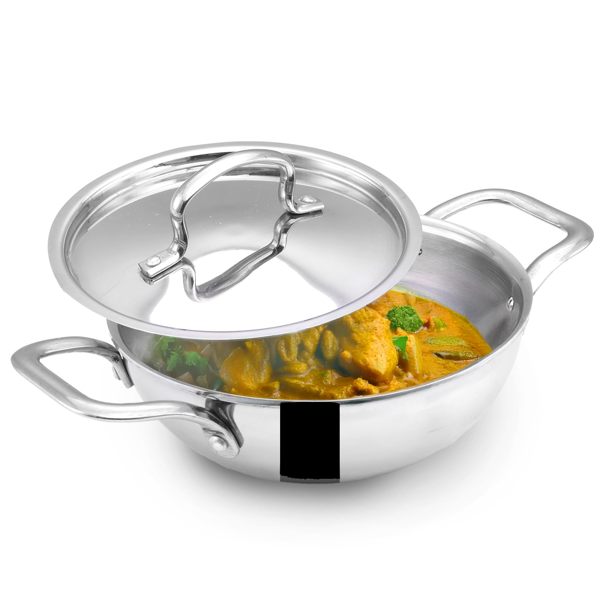 The Indus Valley Triply Stainless Steel Kadai/Kadhai with Steel Lid | 20cm/7.9 inch, 1.7Ltr, 1.20kg | Induction Friendly | Nonstick 3-Layer Body, 100% Toxin-Free, No Chemical Coating