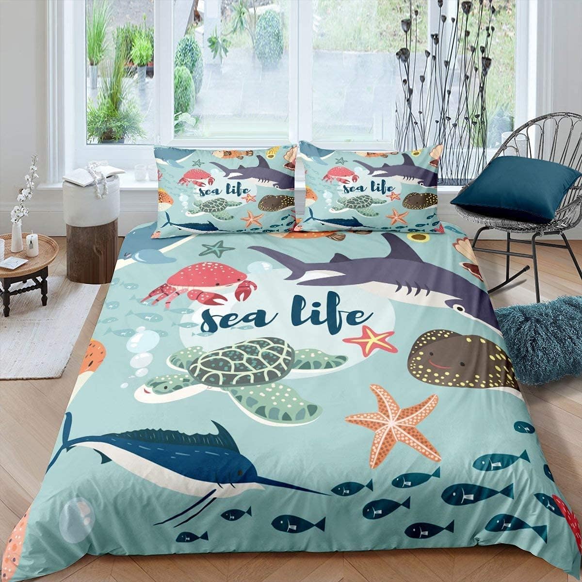 Homewish Boys Multi 46 Crab Comforter Cover Set King Size Ocean Marine Life Duvet Cover Under Sea Life Fish Bedding Set For Kids Child Teens,Underwater World Coastal Creature Quilt Cover,Nautical Sea Animal Bedroom Decor